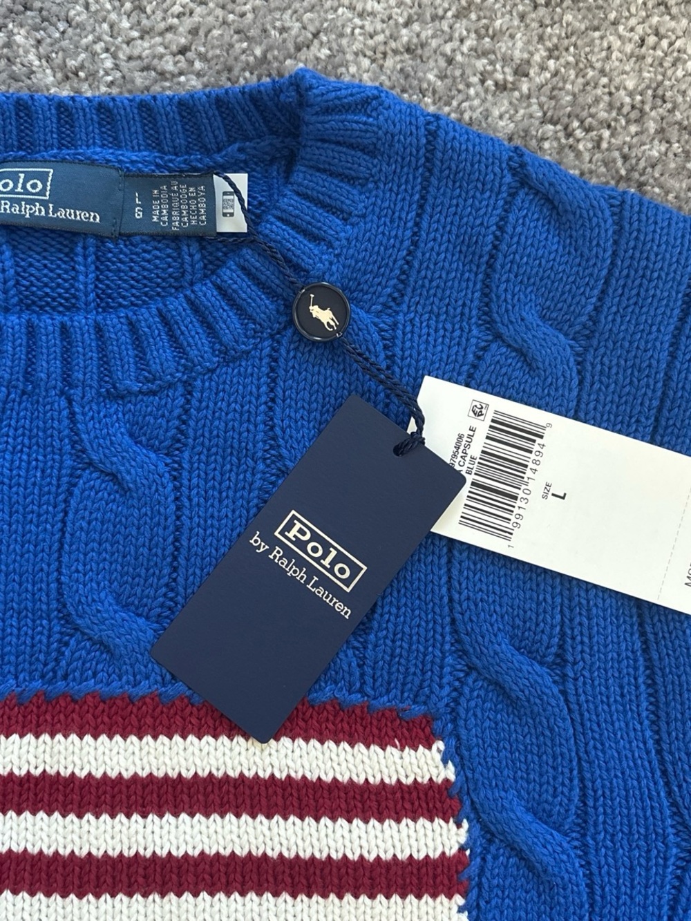 NWT Polo Ralph Lauren Blue Cable-Knit American Flag Cropped Sweater L - Picture 2 of 4